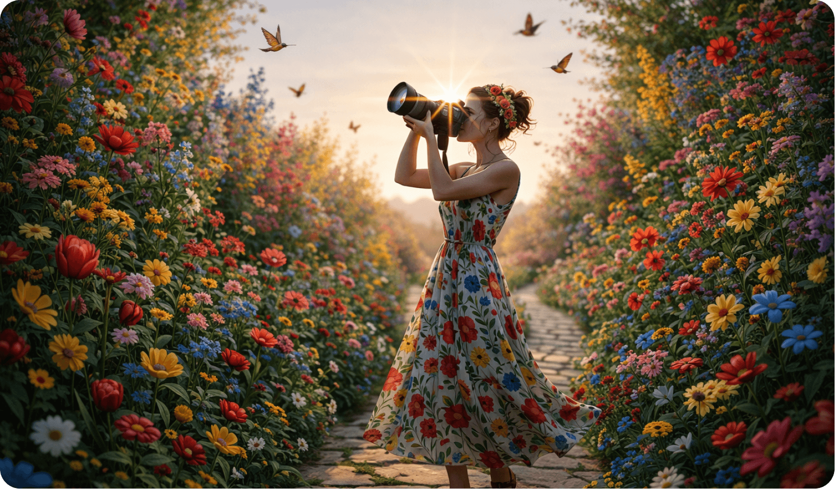 Creator with camera in a vibrant flower field at golden hour